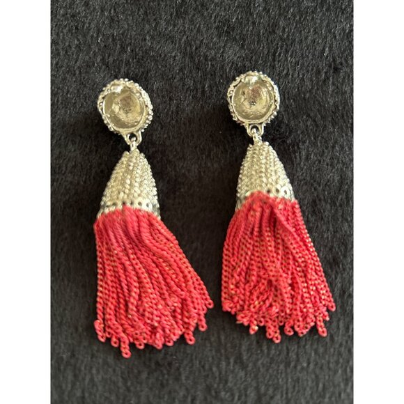 Silver & Red Tassel Chain Drop Earrings Statement Jewelry 2.5" Vintage Style - Picture 3 of 5